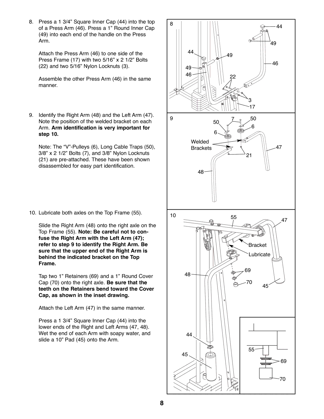 Weider WESY19510 Arm. Arm identification is very important for Step, Sure that the upper end of the Right Arm is 