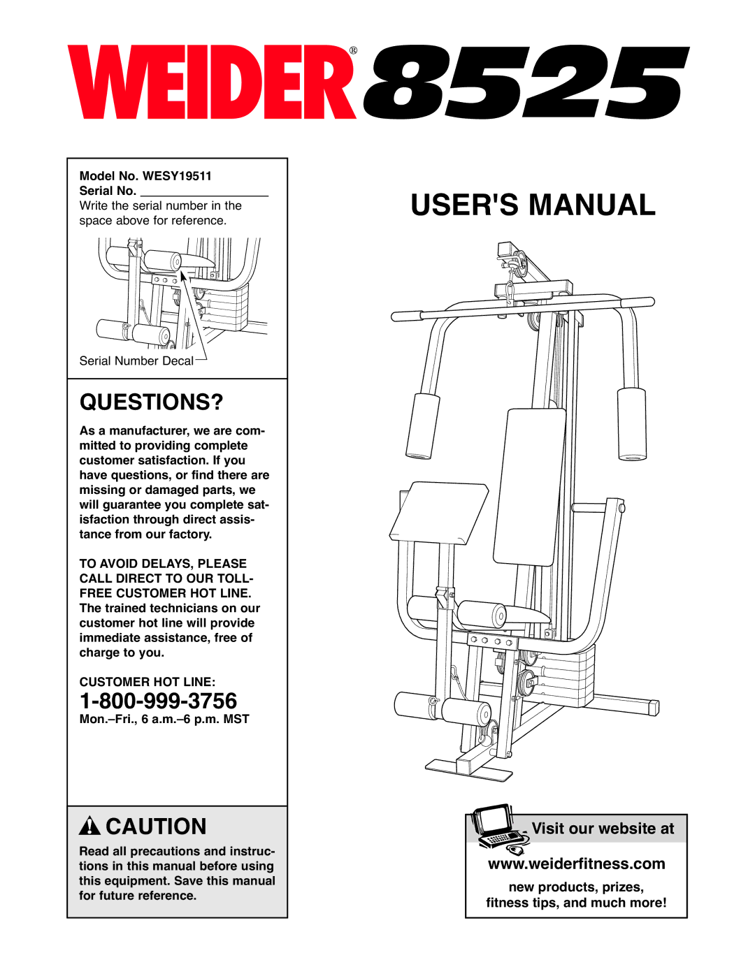 Weider user manual Questions?, Model No. WESY19511 Serial No 