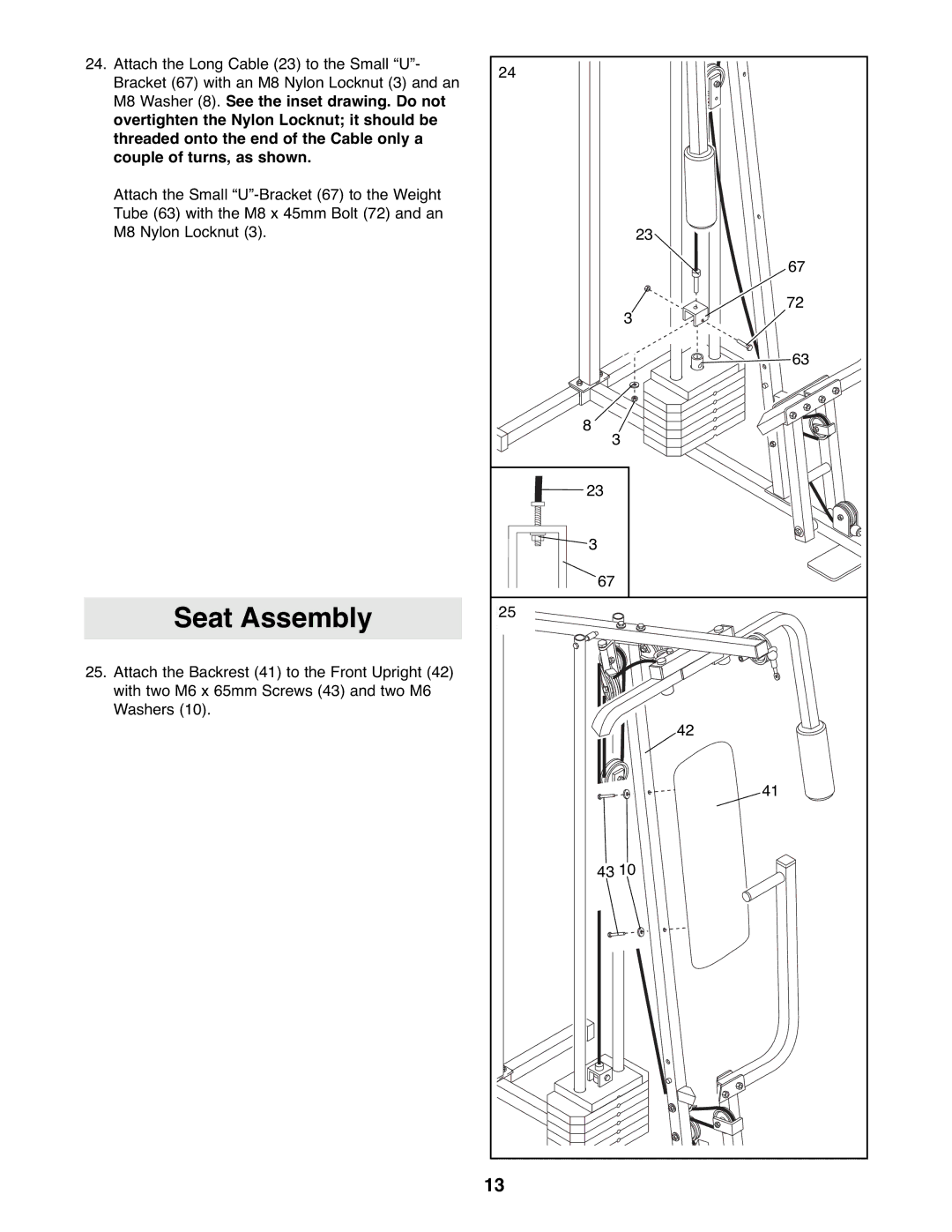 Weider WESY19511 user manual Seat Assembly 