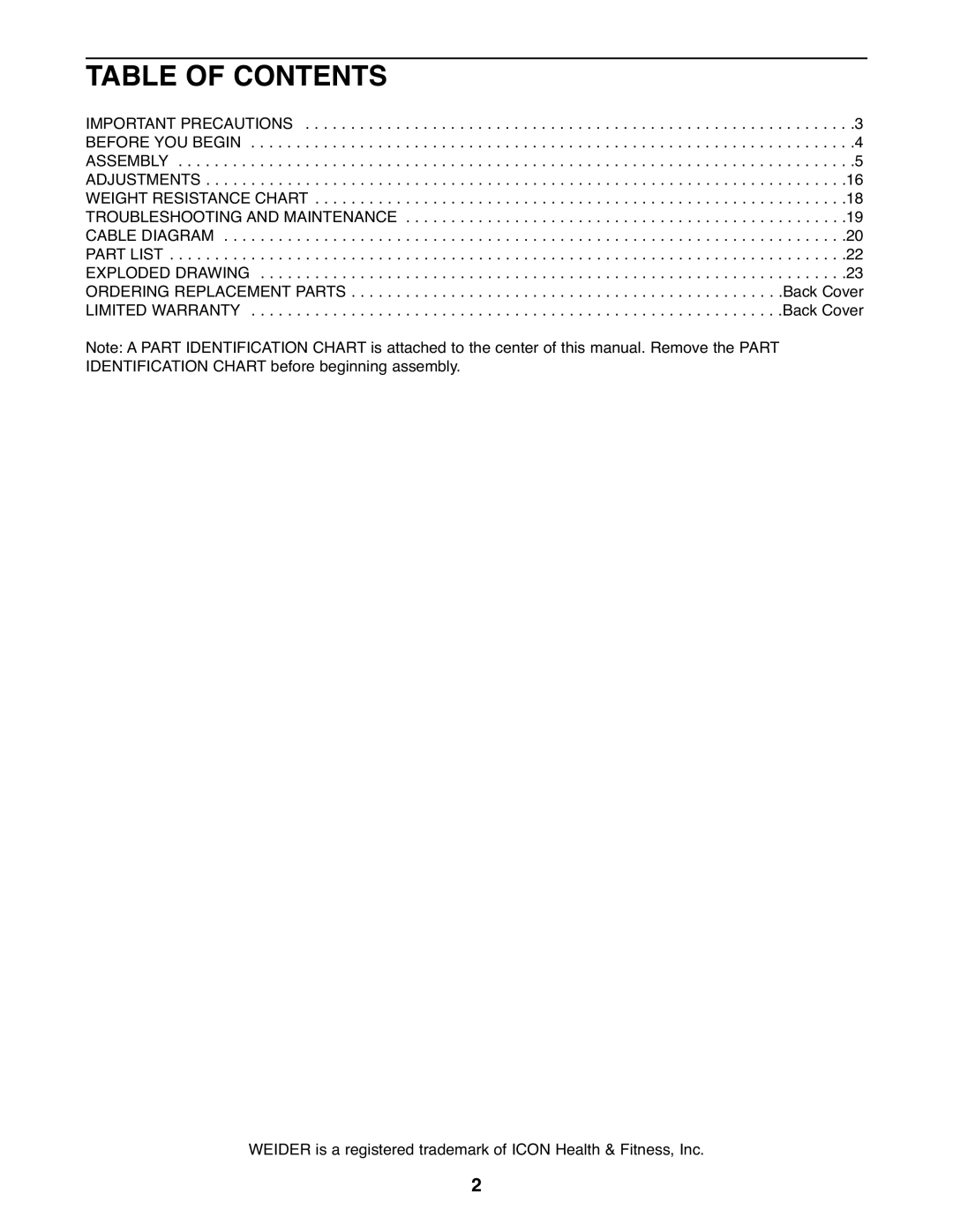 Weider WESY19511 user manual Table of Contents 