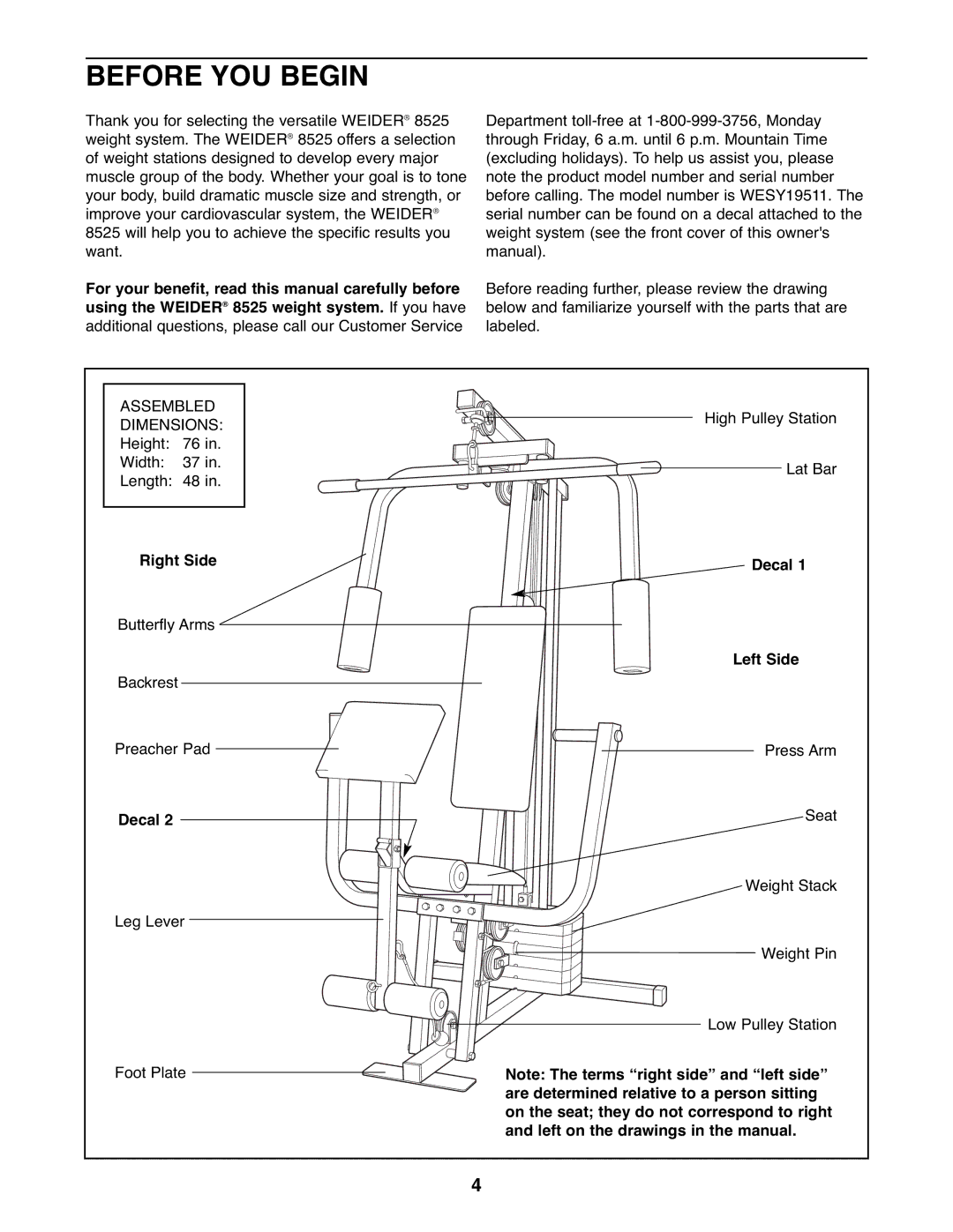 Weider WESY19511 Before YOU Begin, For your benefit, read this manual carefully before, Right Side, Decal Left Side 