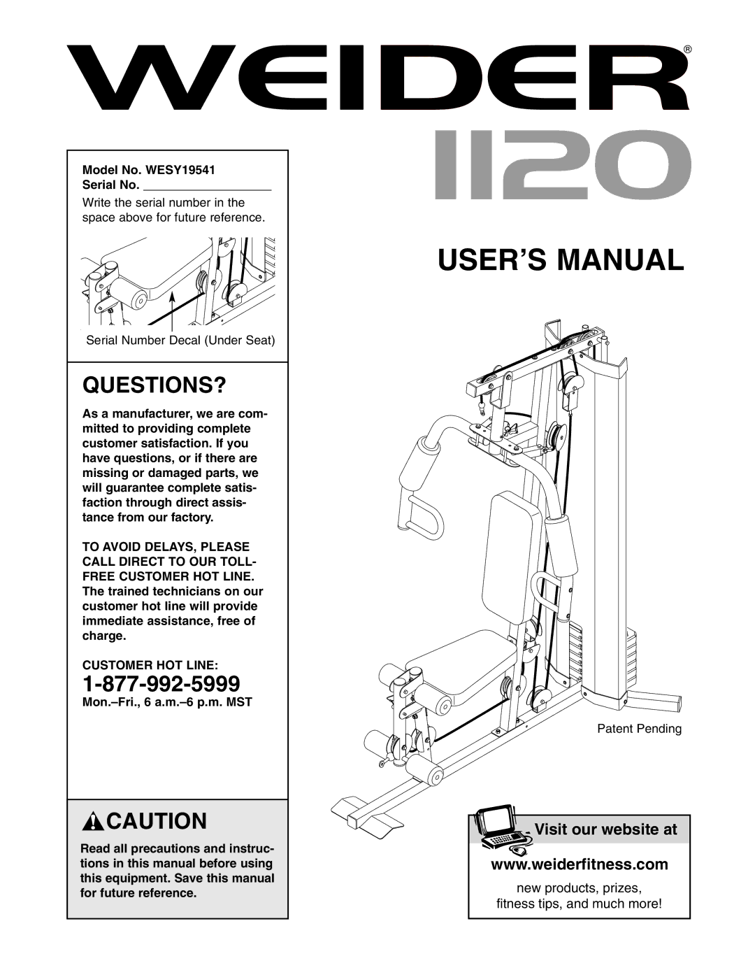 Weider user manual Questions?, Model No. WESY19541 Serial No, Customer HOT Line 