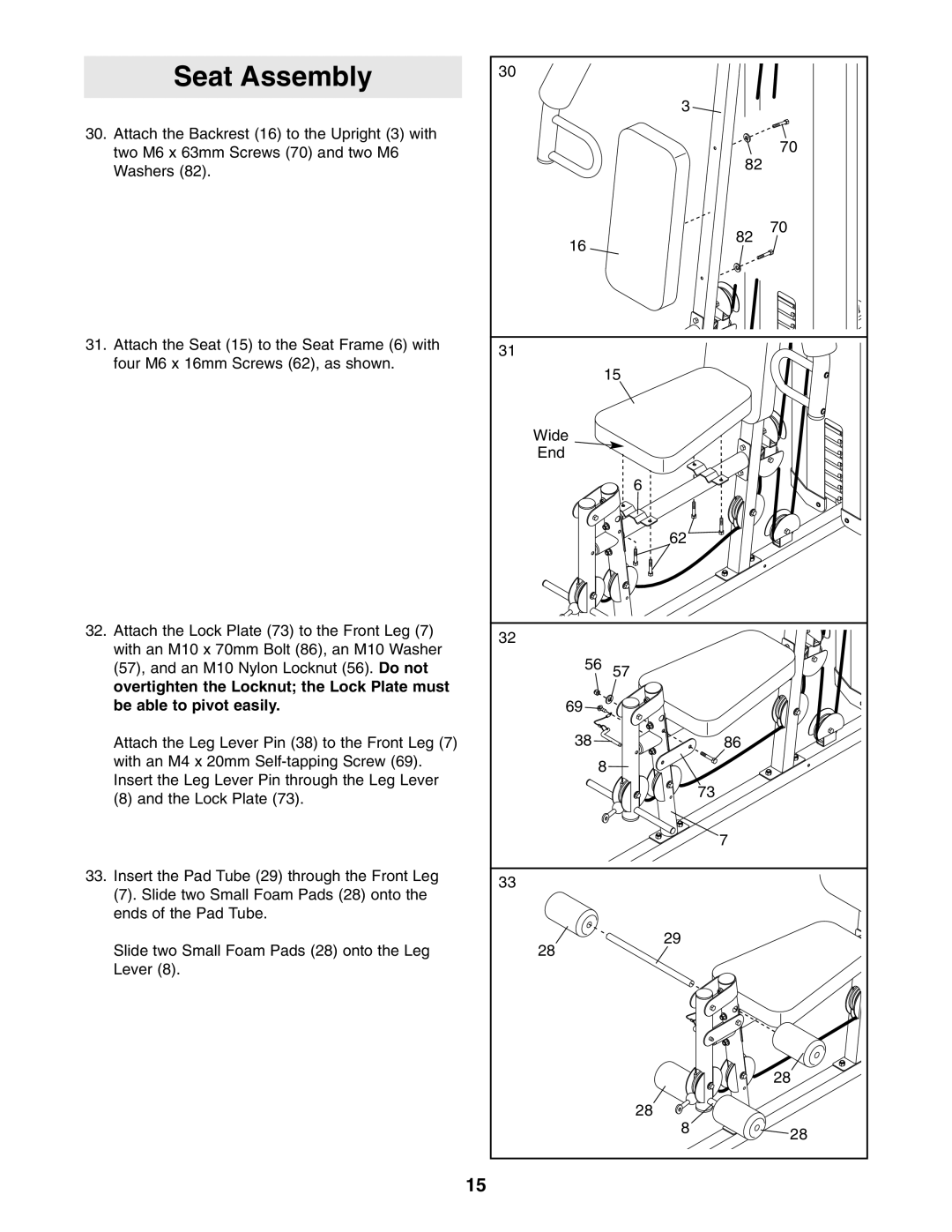 Weider WESY19541 user manual Seat Assembly 