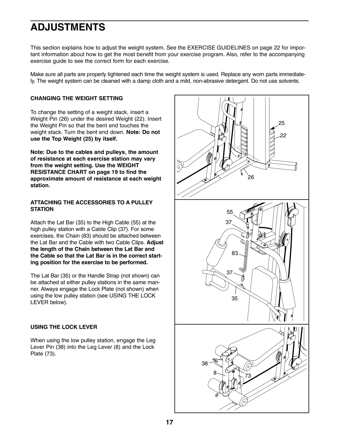 Weider WESY19541 user manual Adjustments, Changing the Weight Setting, Attaching the Accessories to a Pulley Station 