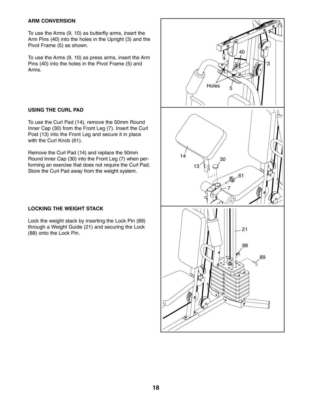 Weider WESY19541 user manual ARM Conversion, Using the Curl PAD, Locking the Weight Stack 