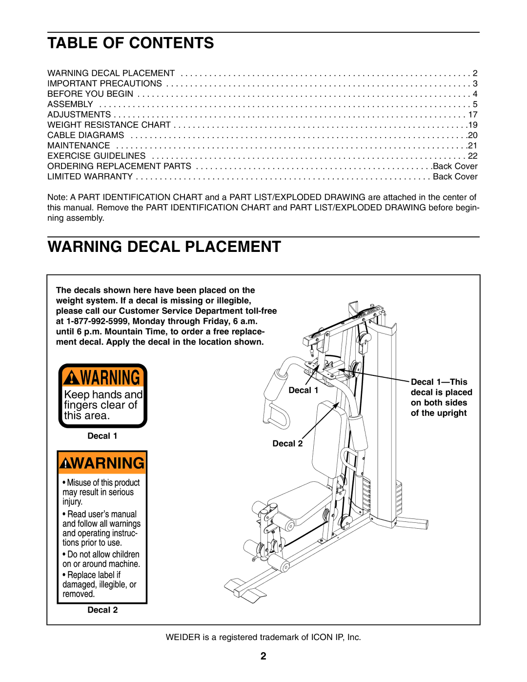 Weider WESY19541 user manual Table of Contents 