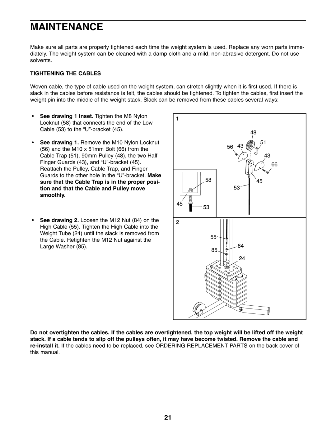 Weider WESY19541 user manual Maintenance, Tightening the Cables 