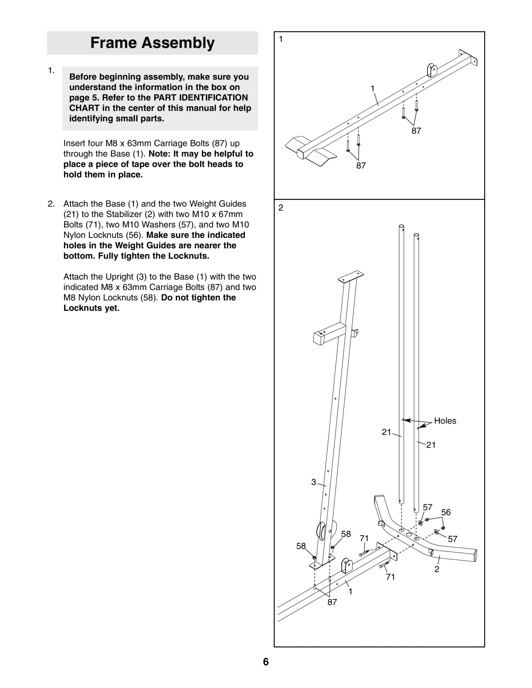 Weider WESY19541 user manual Frame Assembly, Locknuts yet 