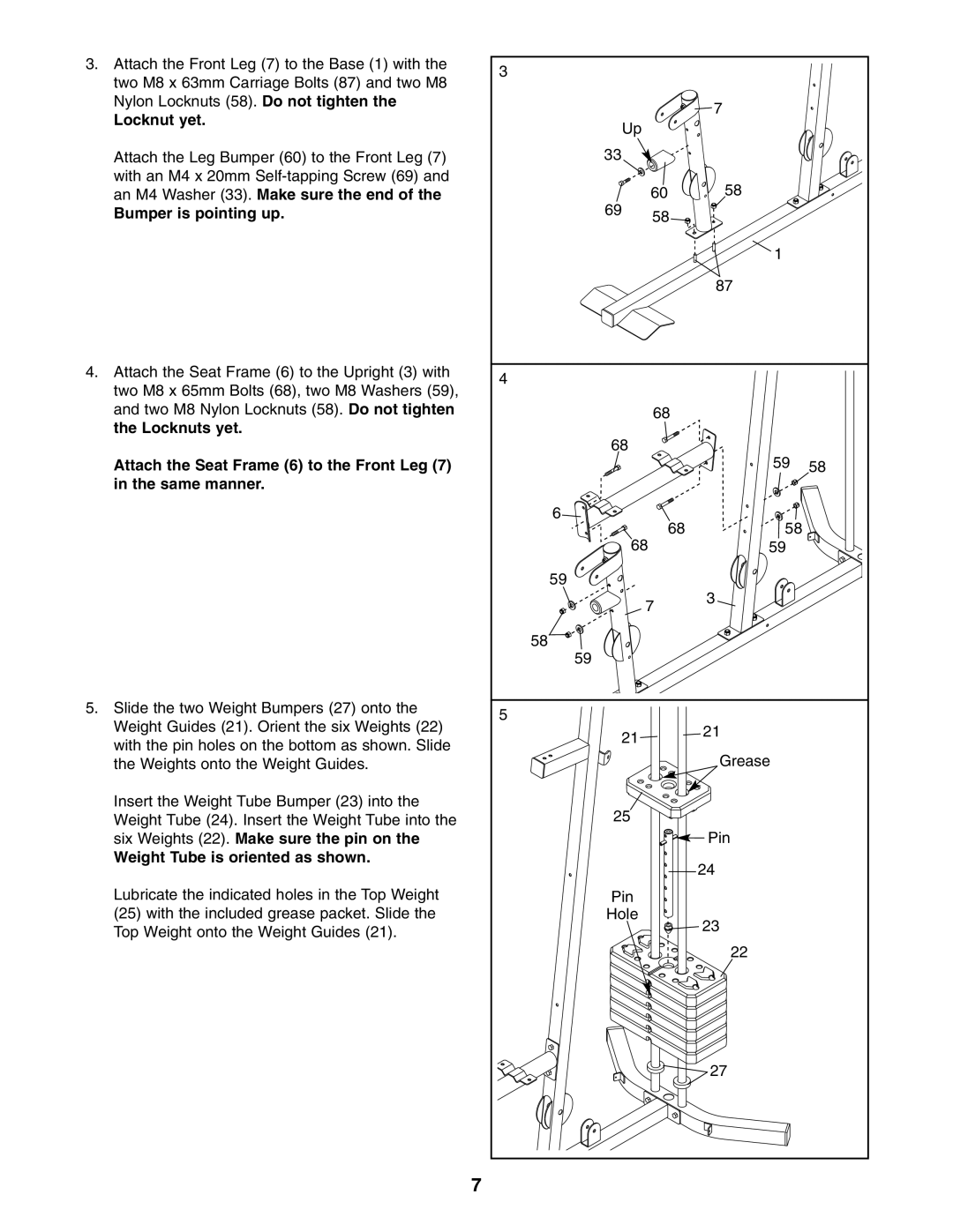 Weider WESY19541 user manual Locknut yet, Bumper is pointing up, Weight Tube is oriented as shown 