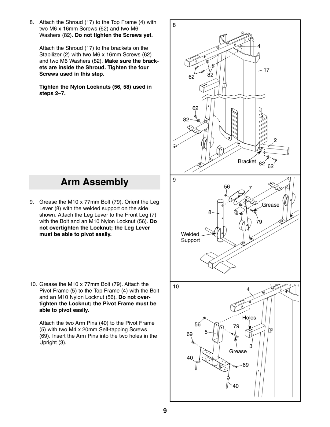 Weider WESY19541 user manual Arm Assembly, Washers 82. Do not tighten the Screws yet 