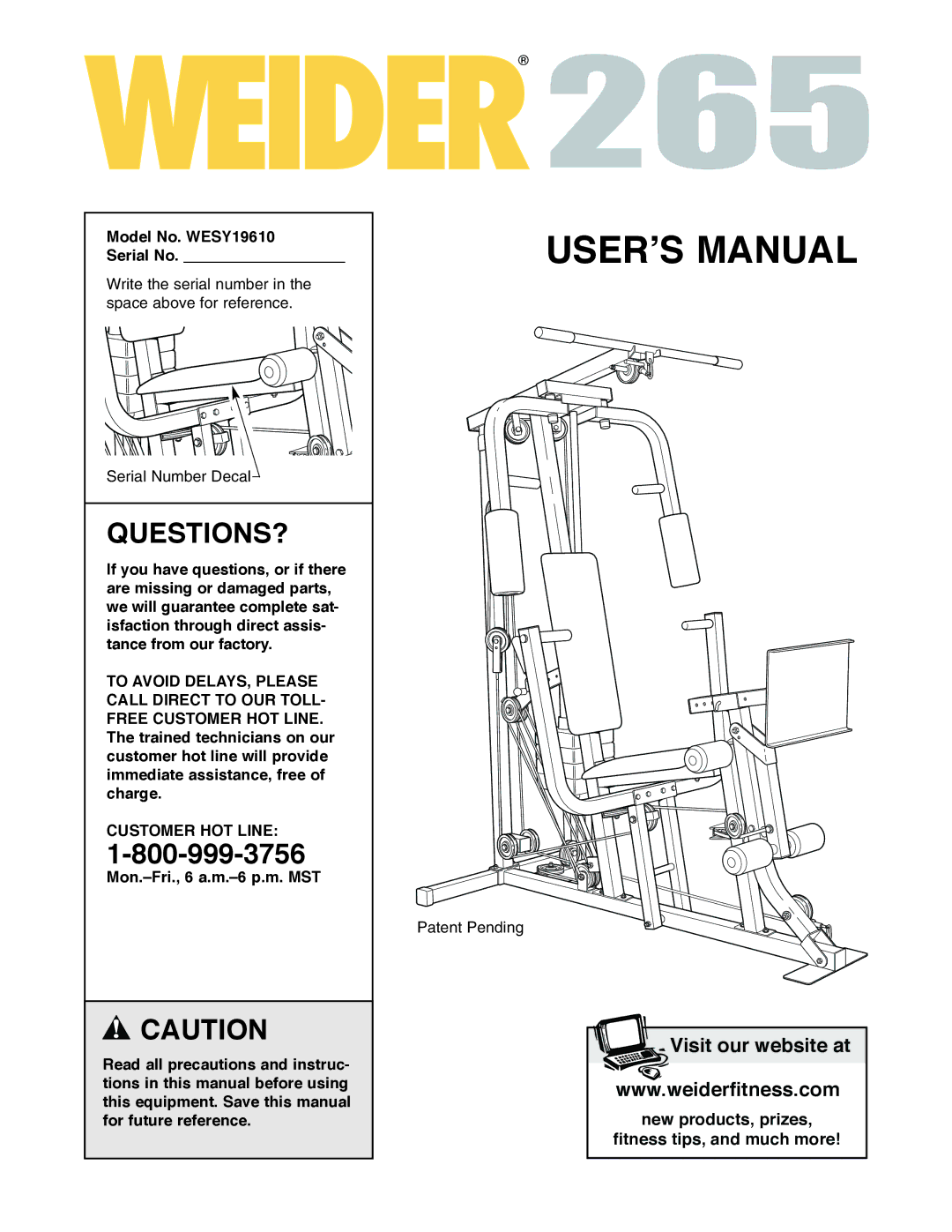 Weider user manual Questions?, Model No. WESY19610 Serial No 