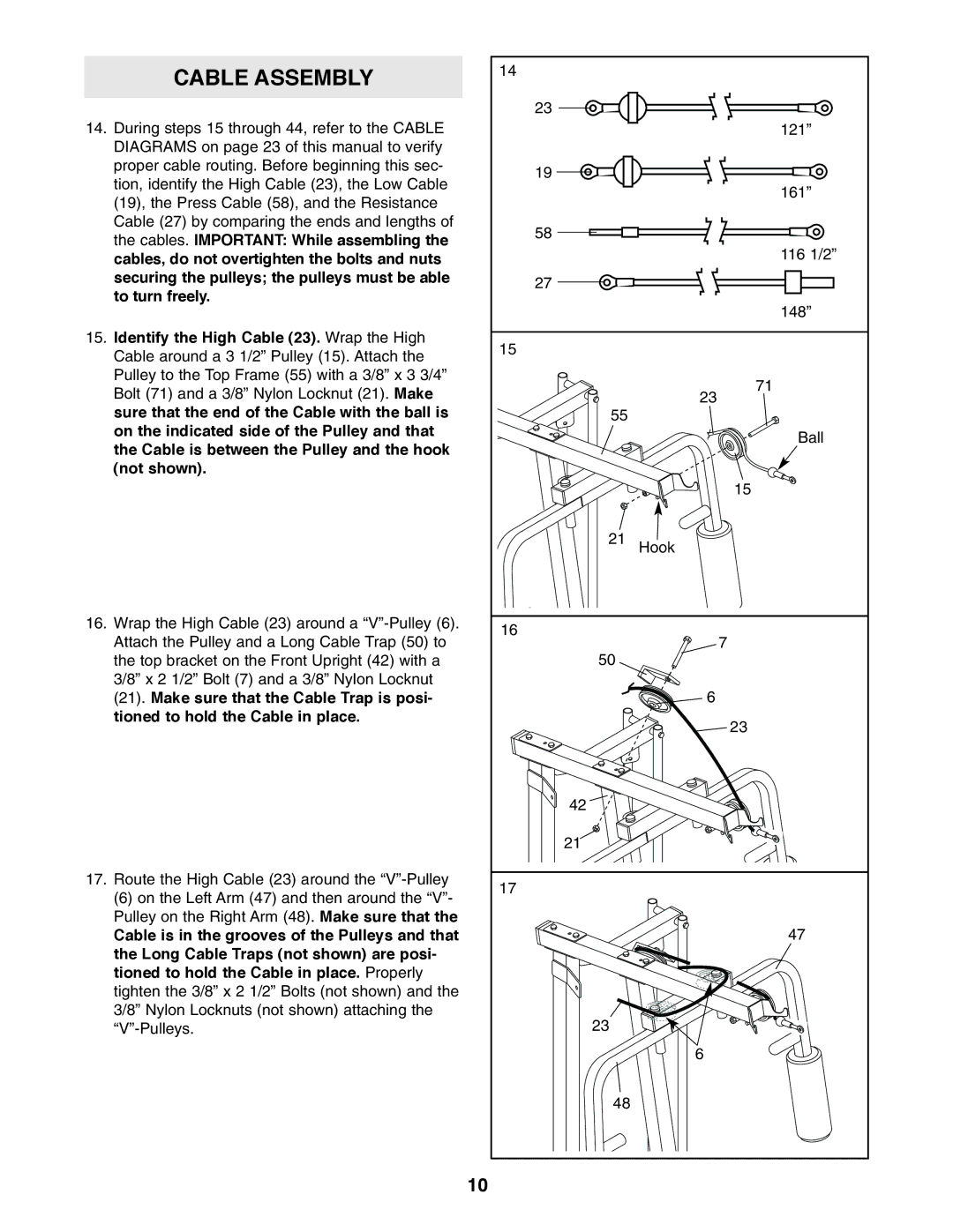 Weider WESY19610 user manual Cables. Important While assembling, Identify the High Cable 23. Wrap the High 