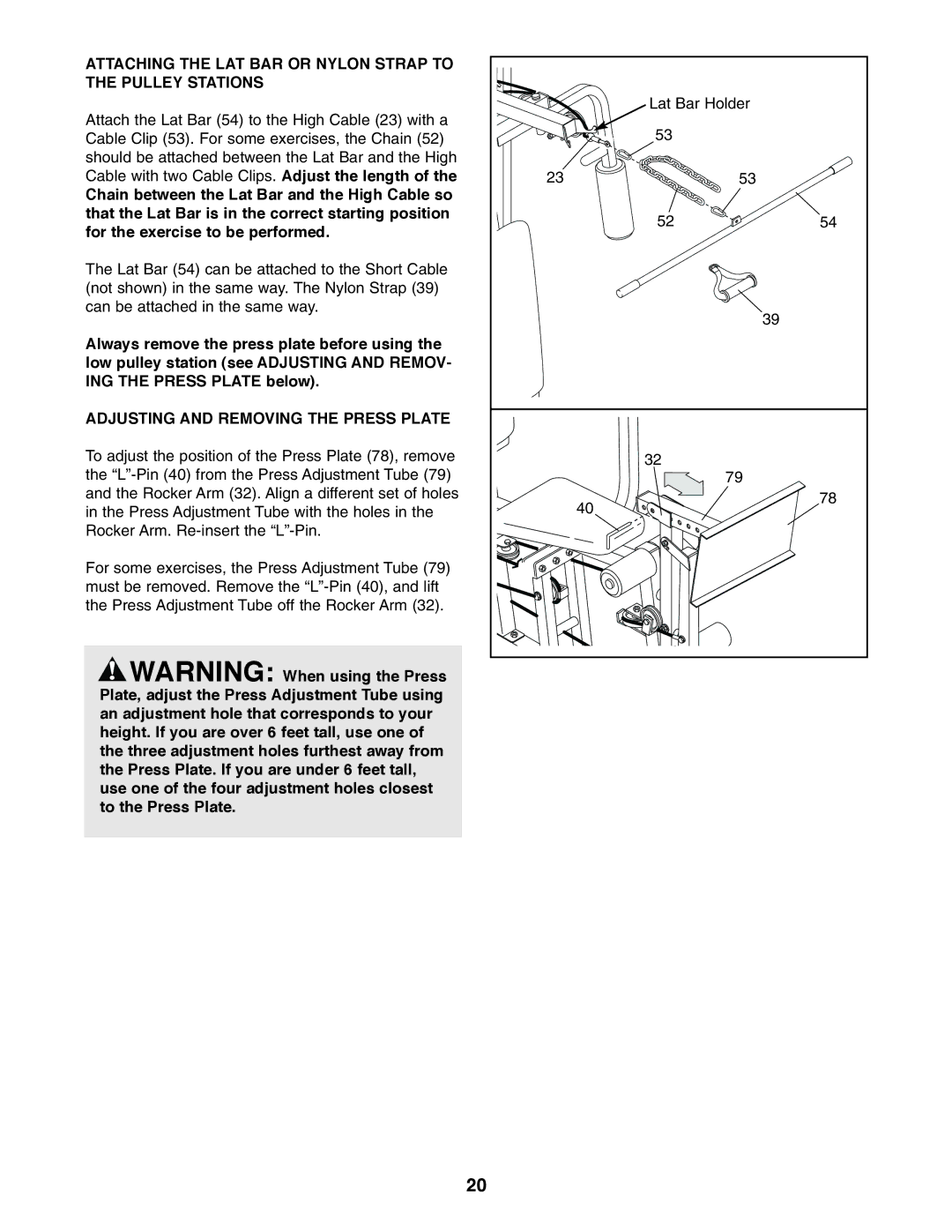 Weider WESY19610 user manual Attaching the LAT BAR or Nylon Strap to the Pulley Stations 