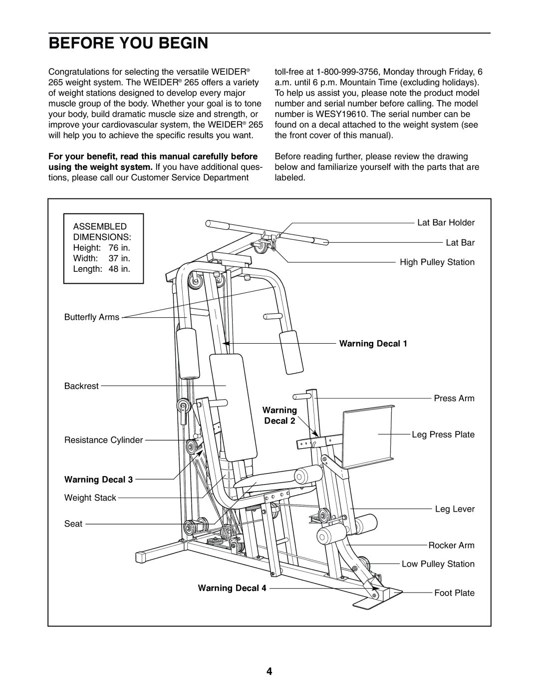 Weider WESY19610 user manual Before YOU Begin 