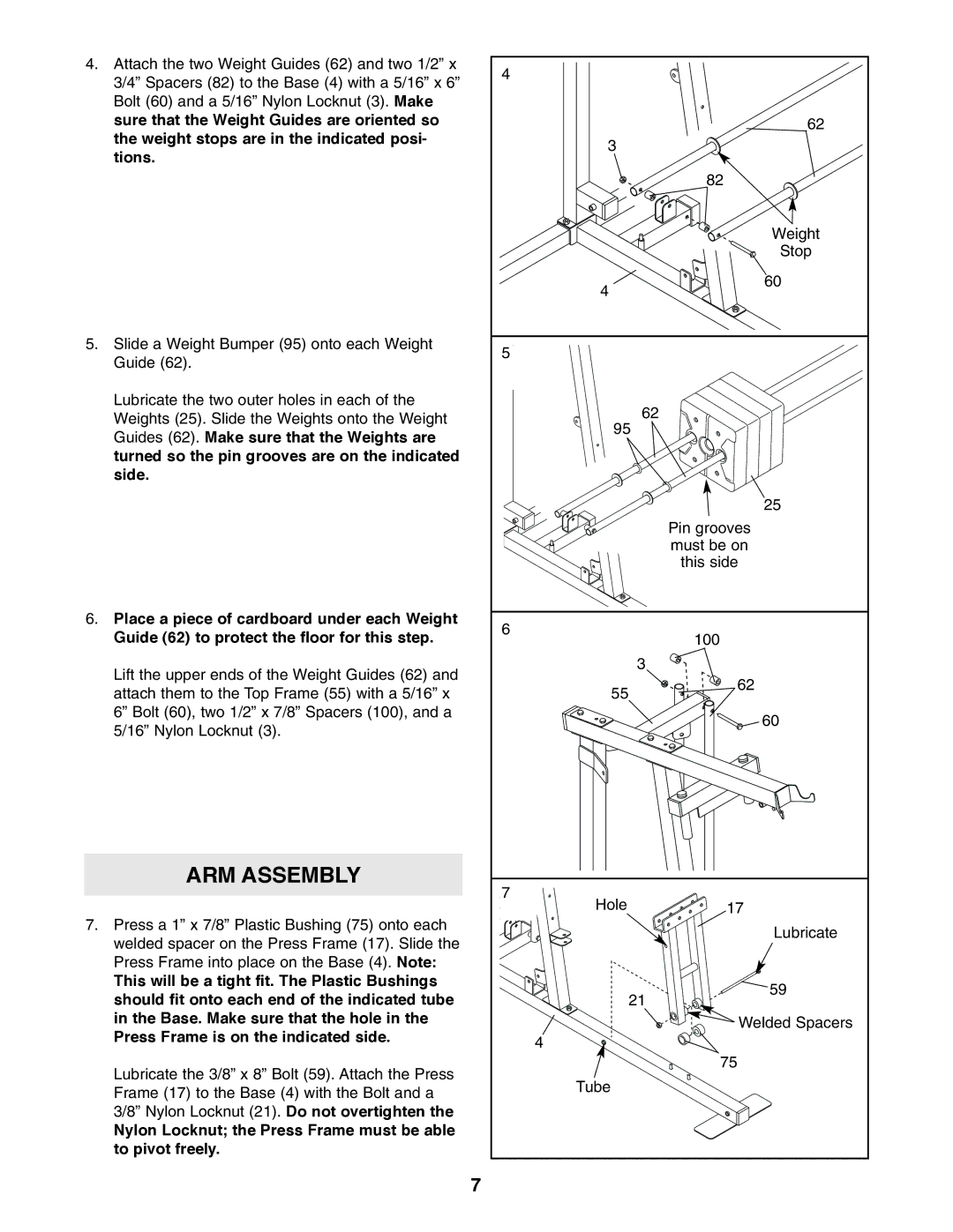 Weider WESY19610 user manual ARM Assembly, Nylon Locknut the Press Frame must be able to pivot freely 