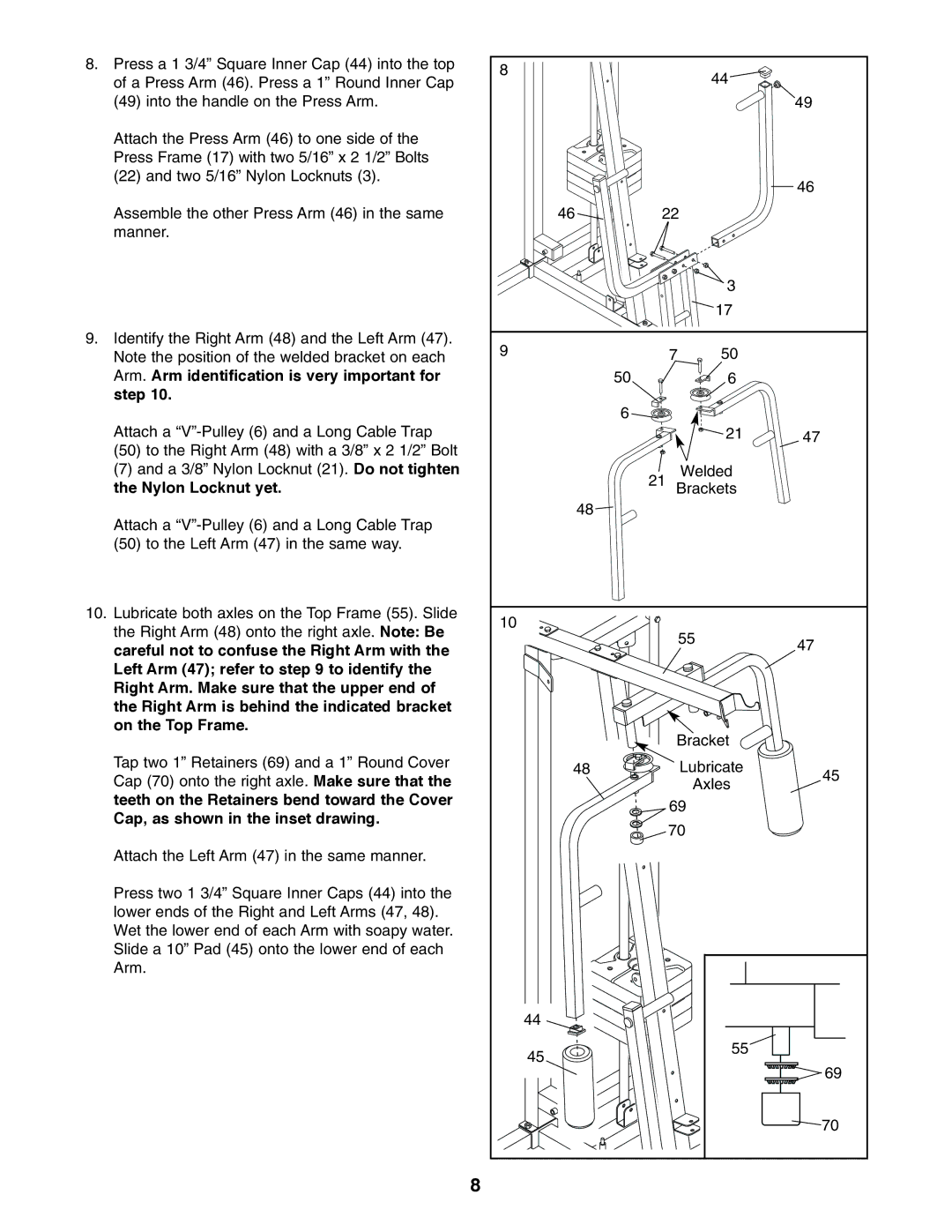 Weider WESY19610 user manual Arm. Arm identification is very important for Step, Nylon Locknut yet 