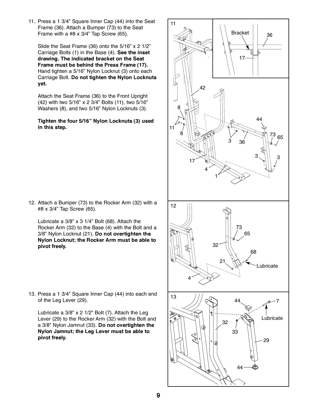 Weider WESY19610 user manual Tighten the four 5/16 Nylon Locknuts 3 used in this step 