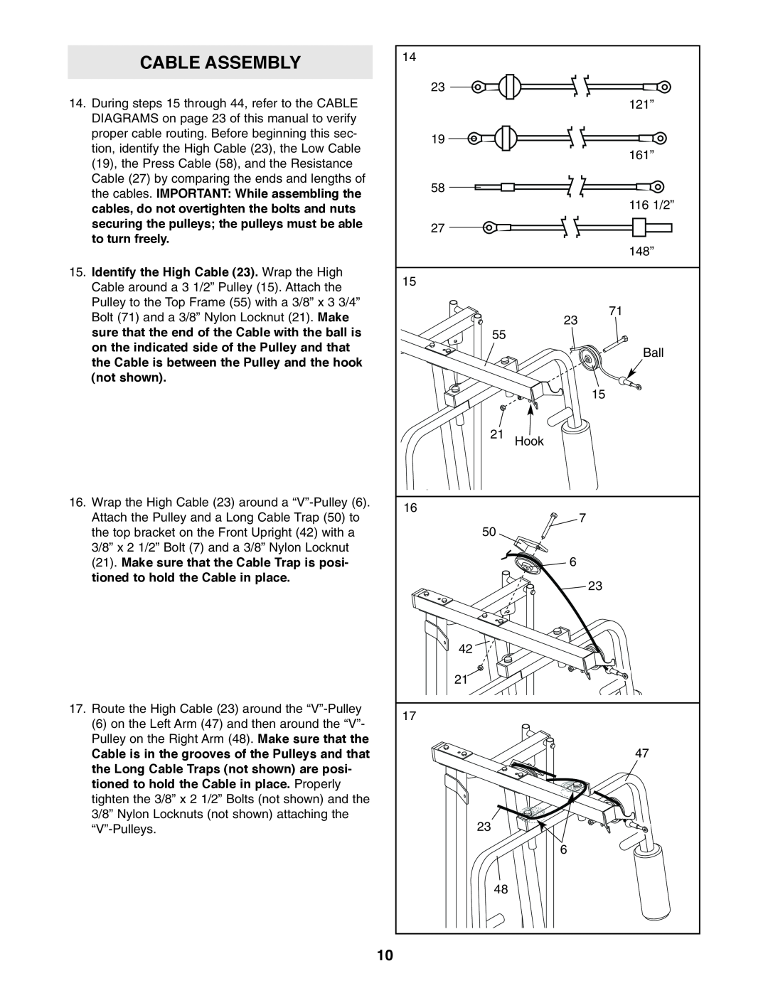 Weider WESY19610 user manual Cable Assembly 