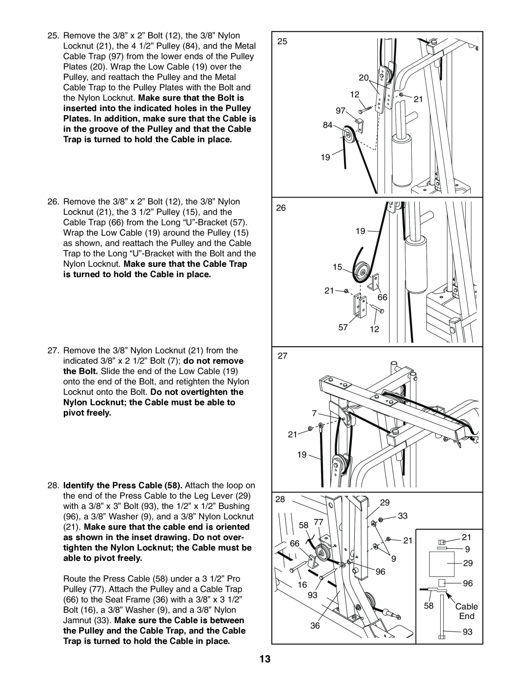 Weider WESY19610 user manual Remove the 3/8” x 2” Bolt 12, the 3/8” Nylon 
