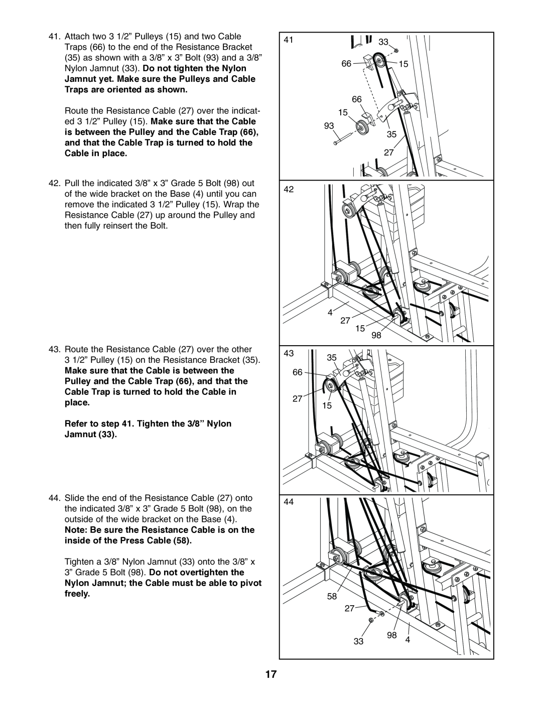 Weider WESY19610 user manual Nylon Jamnut 33. Do not tighten the Nylon 