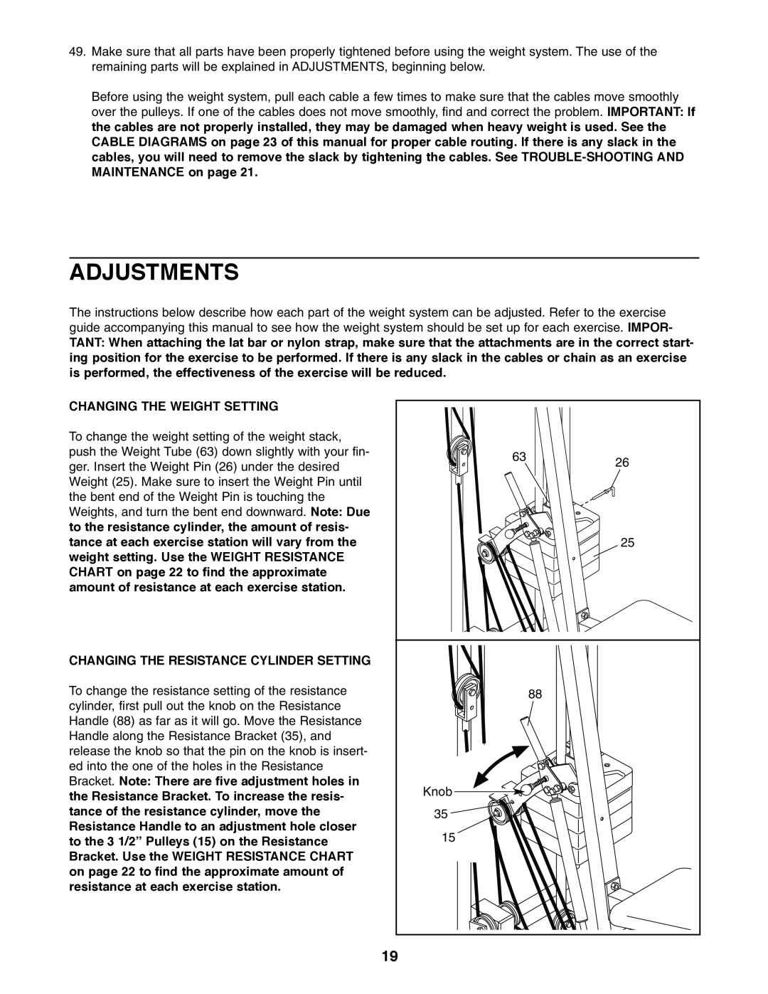 Weider WESY19610 user manual Adjustments, Changing The Weight Setting, Changing The Resistance Cylinder Setting 