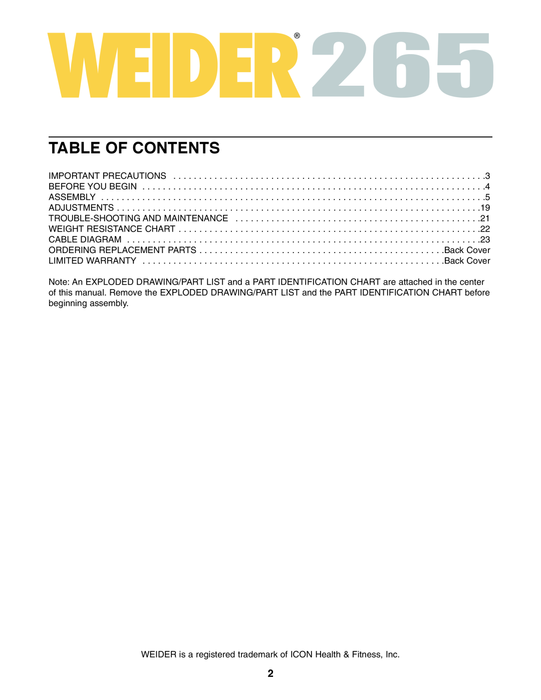Weider WESY19610 user manual Table Of Contents, WEIDER is a registered trademark of ICON Health & Fitness, Inc 