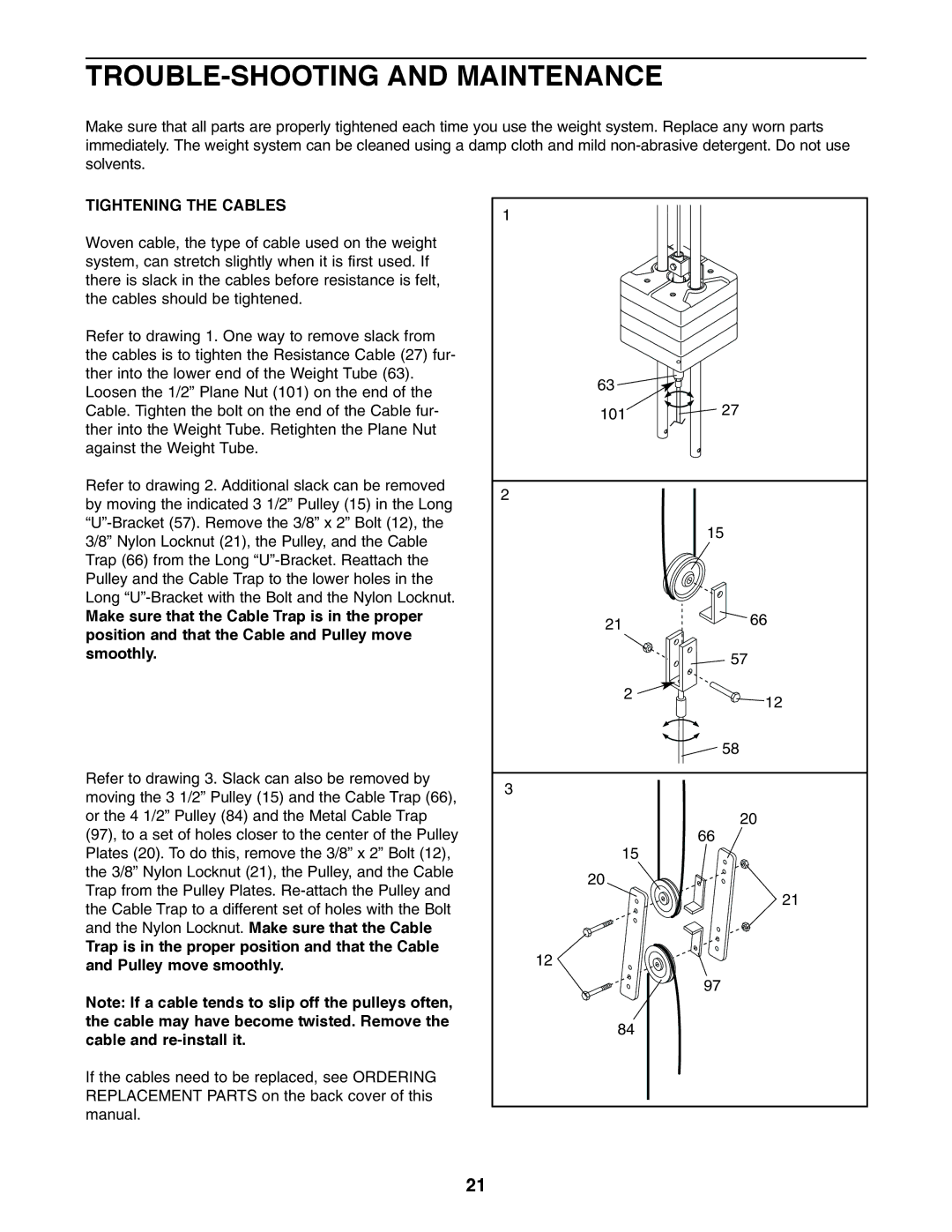 Weider WESY19611 user manual TROUBLE-SHOOTING and Maintenance, Tightening the Cables 