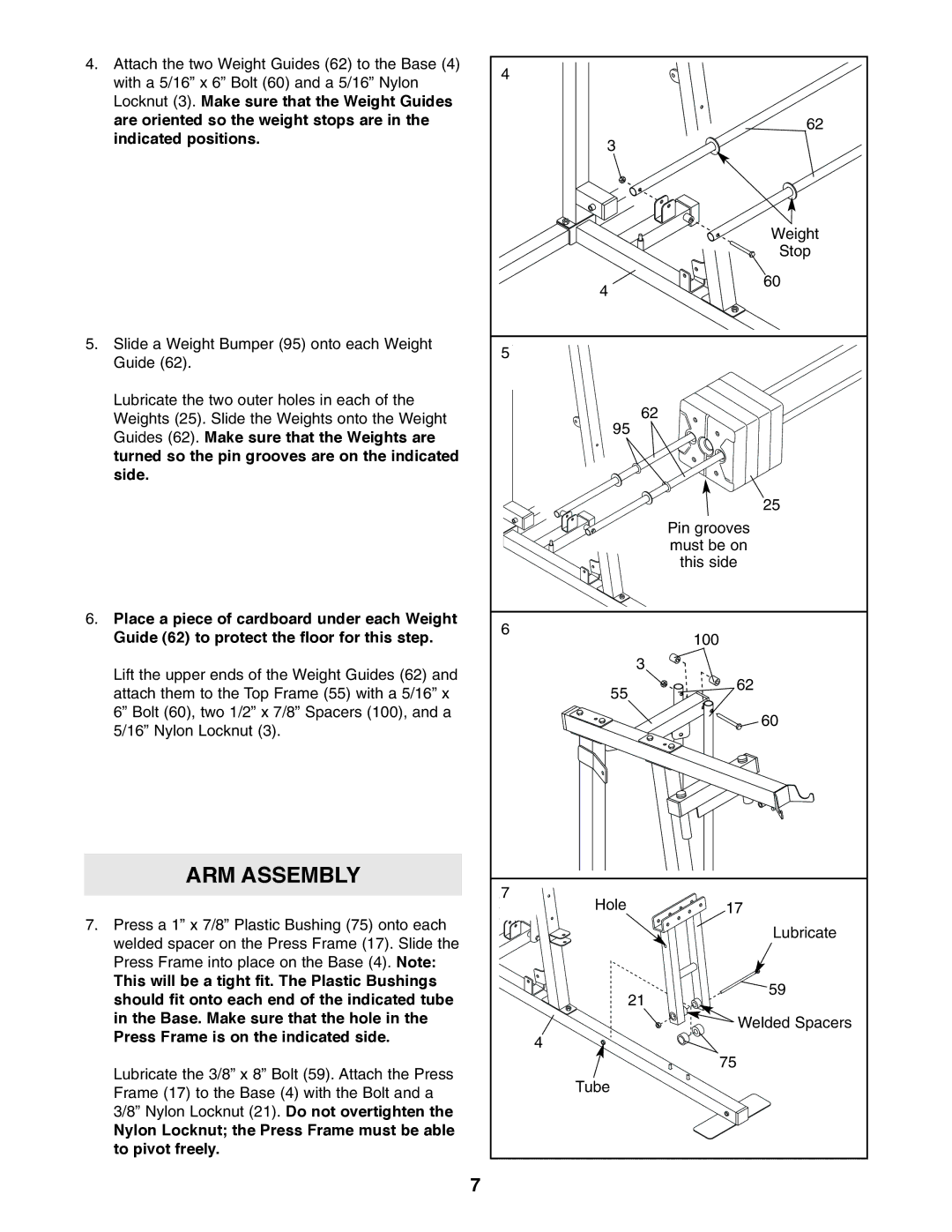 Weider WESY19611 user manual ARM Assembly, Nylon Locknut the Press Frame must be able to pivot freely 