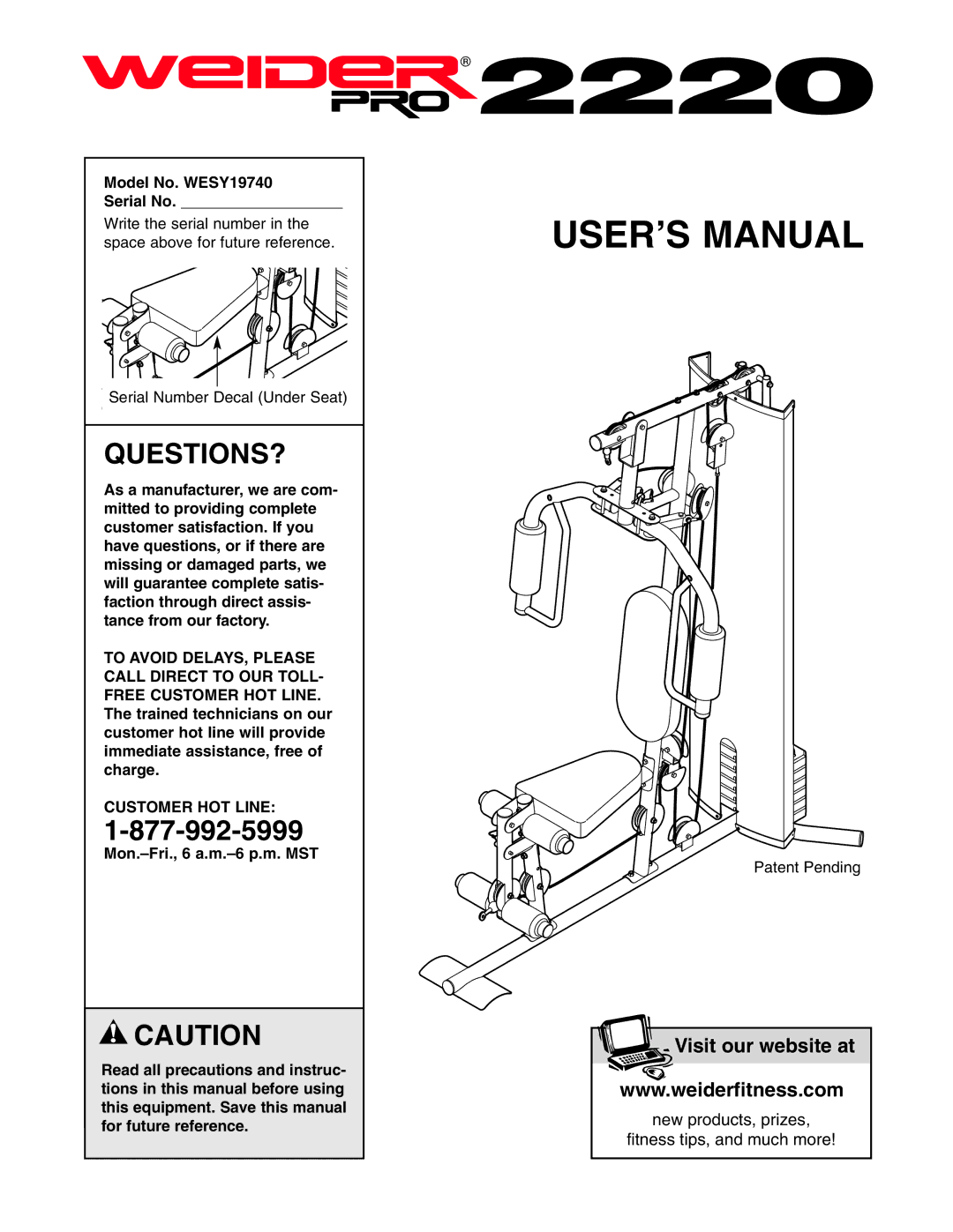 Weider user manual Questions?, Model No. WESY19740 Serial No, Customer HOT Line 