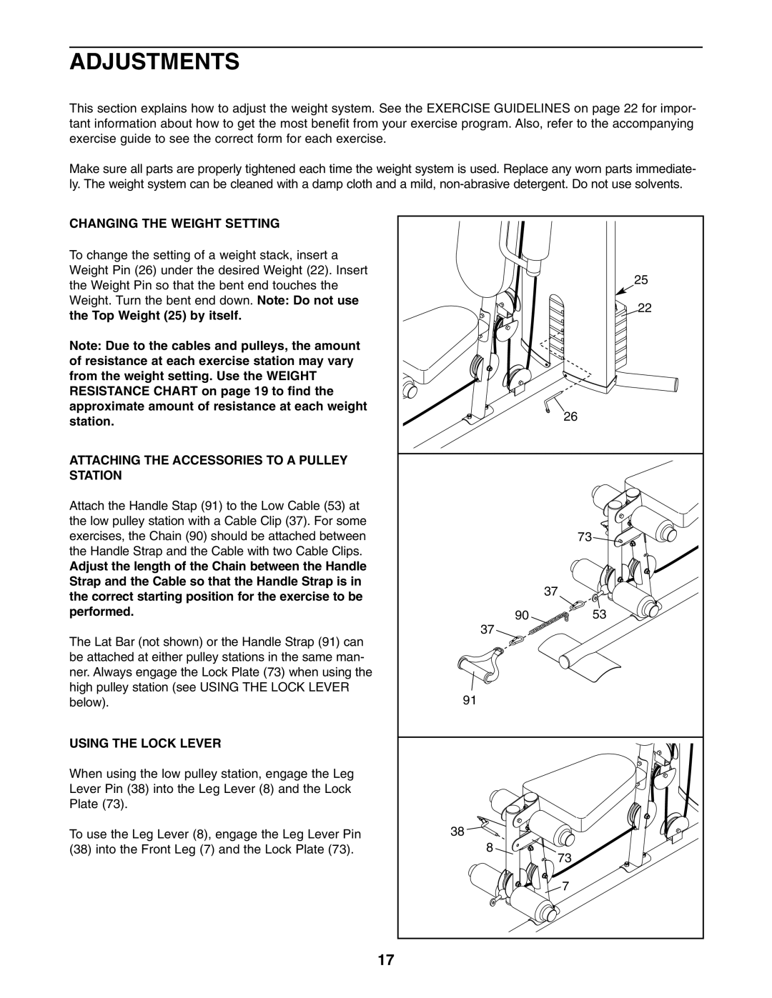 Weider WESY19740 user manual Adjustments, Changing the Weight Setting, Attaching the Accessories to a Pulley Station 