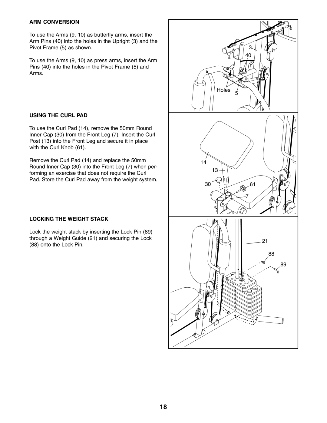 Weider WESY19740 user manual ARM Conversion, Using the Curl PAD, Locking the Weight Stack 