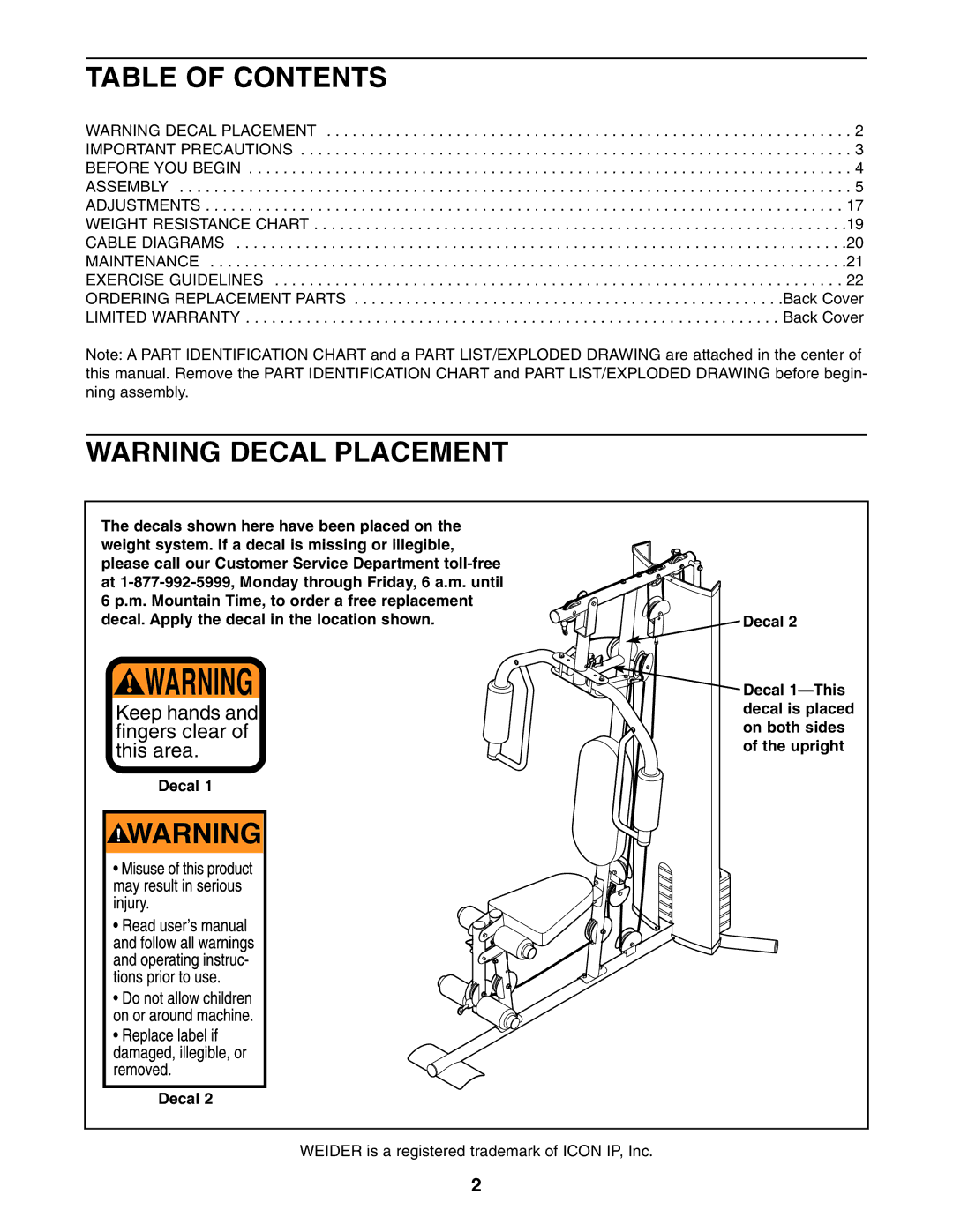 Weider WESY19740 user manual Table of Contents 