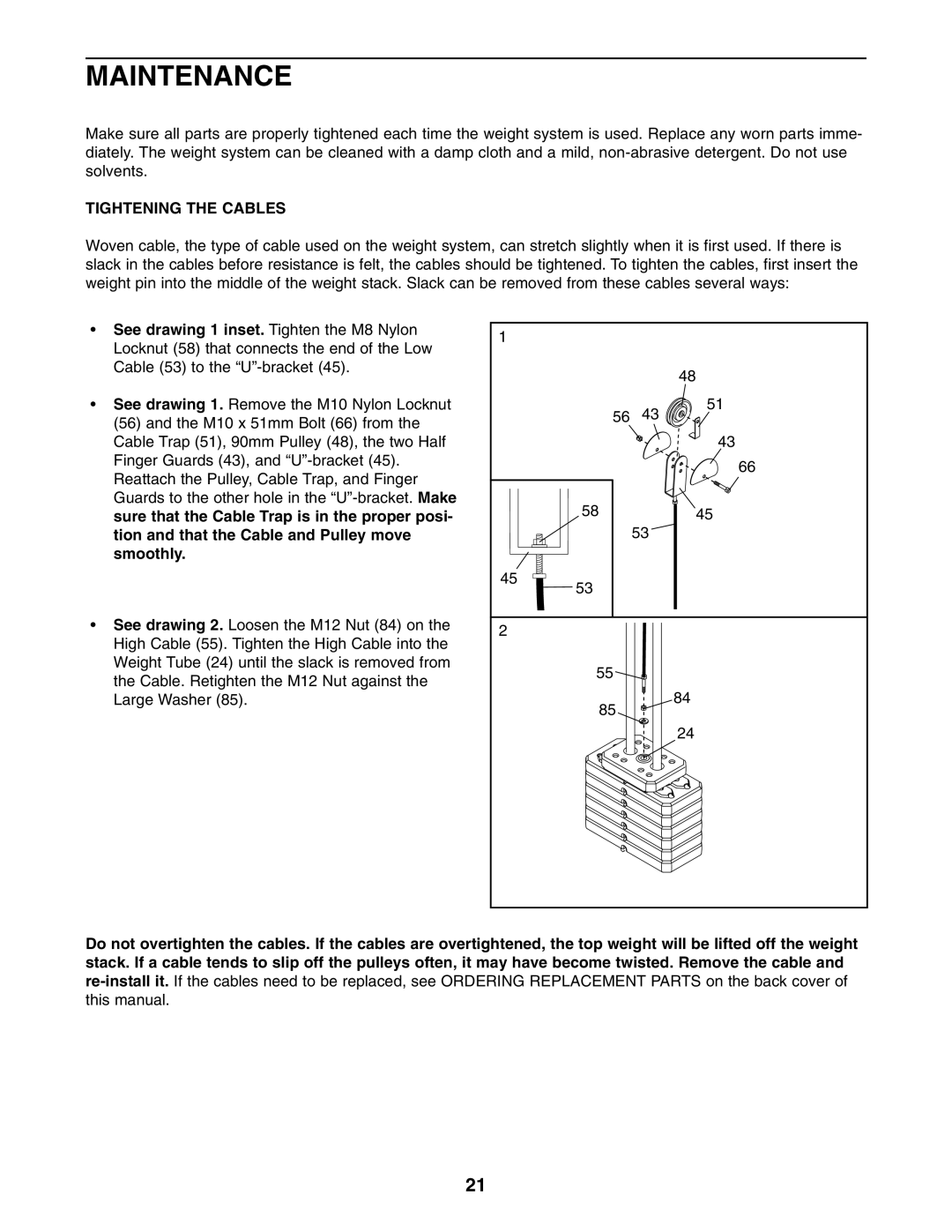 Weider WESY19740 user manual Maintenance, Tightening the Cables 