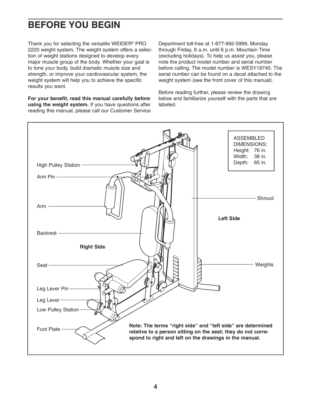 Weider WESY19740 user manual Before YOU Begin, Left Side, Right Side 