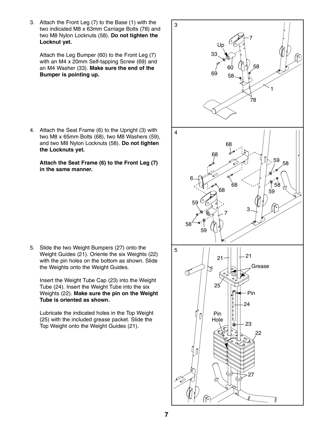 Weider WESY19740 user manual Locknut yet, Bumper is pointing up, Tube is oriented as shown 