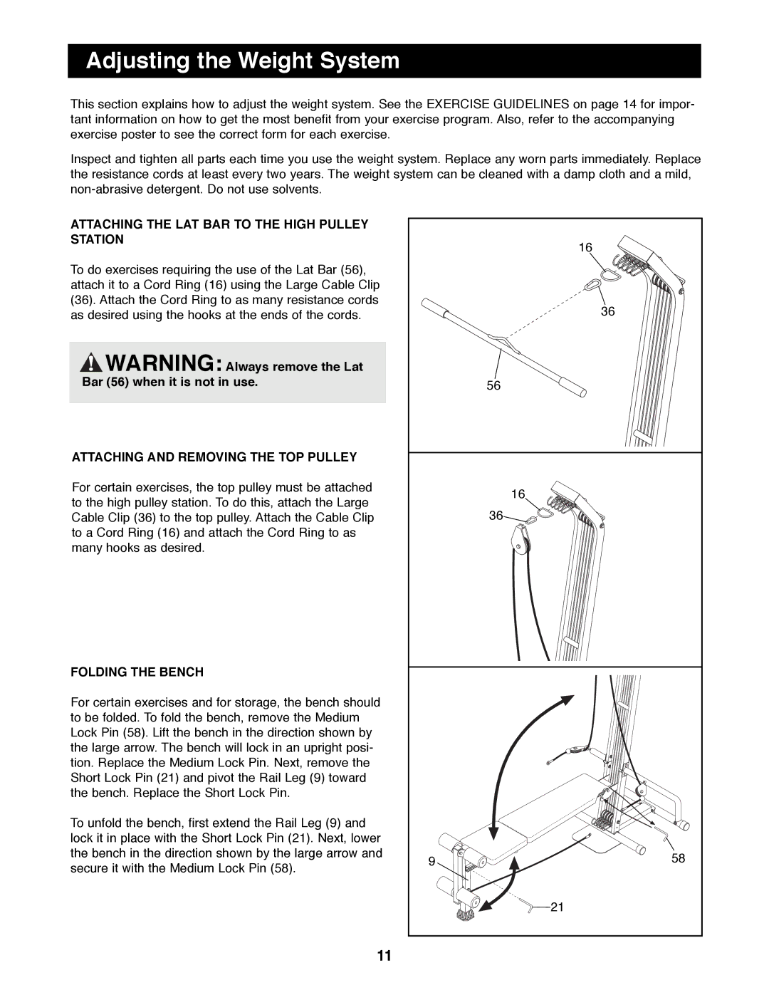 Weider WESY20000 manual Adjusting the Weight System, Attaching the LAT BAR to the High Pulley Station, Folding the Bench 