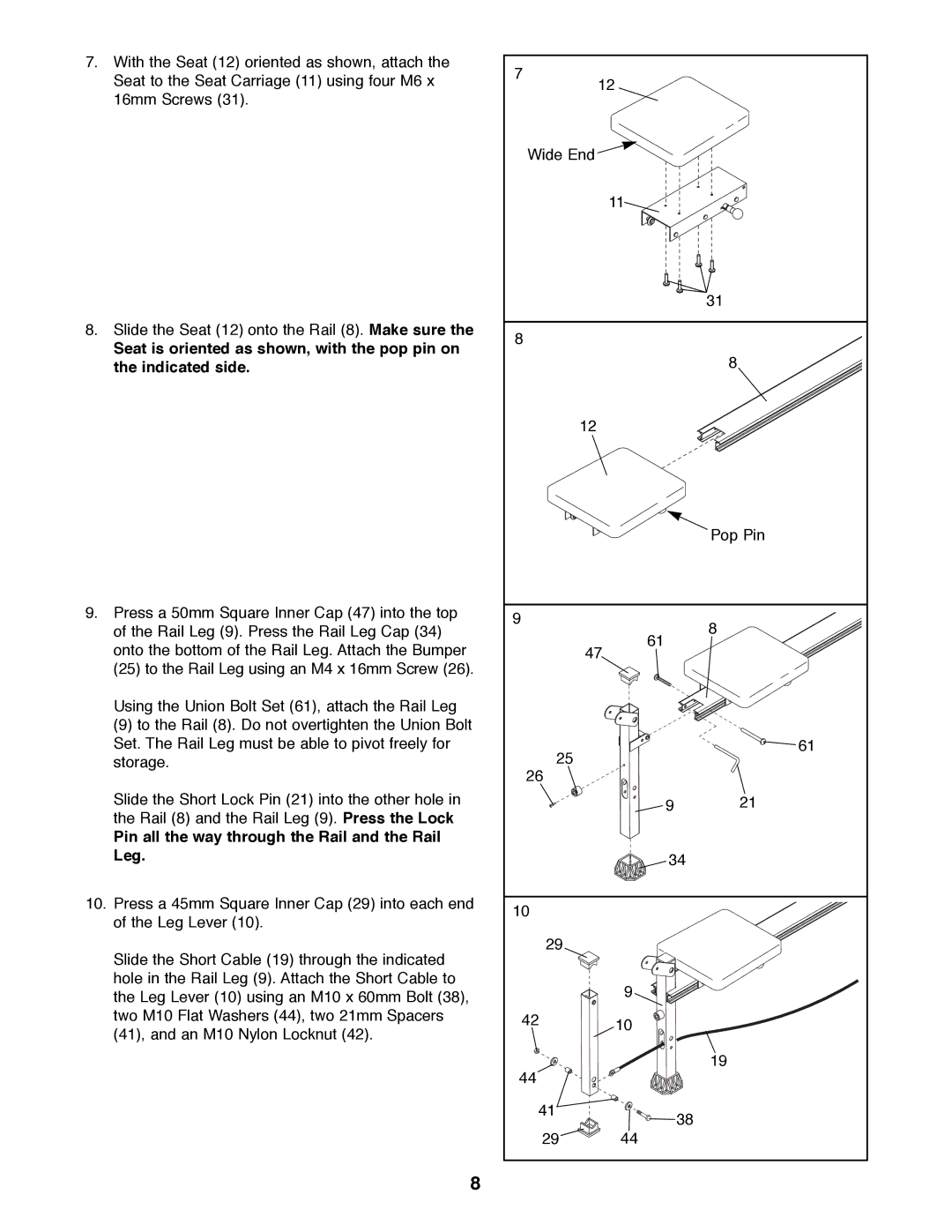 Weider WESY20000 manual Pin all the way through the Rail and the Rail Leg 