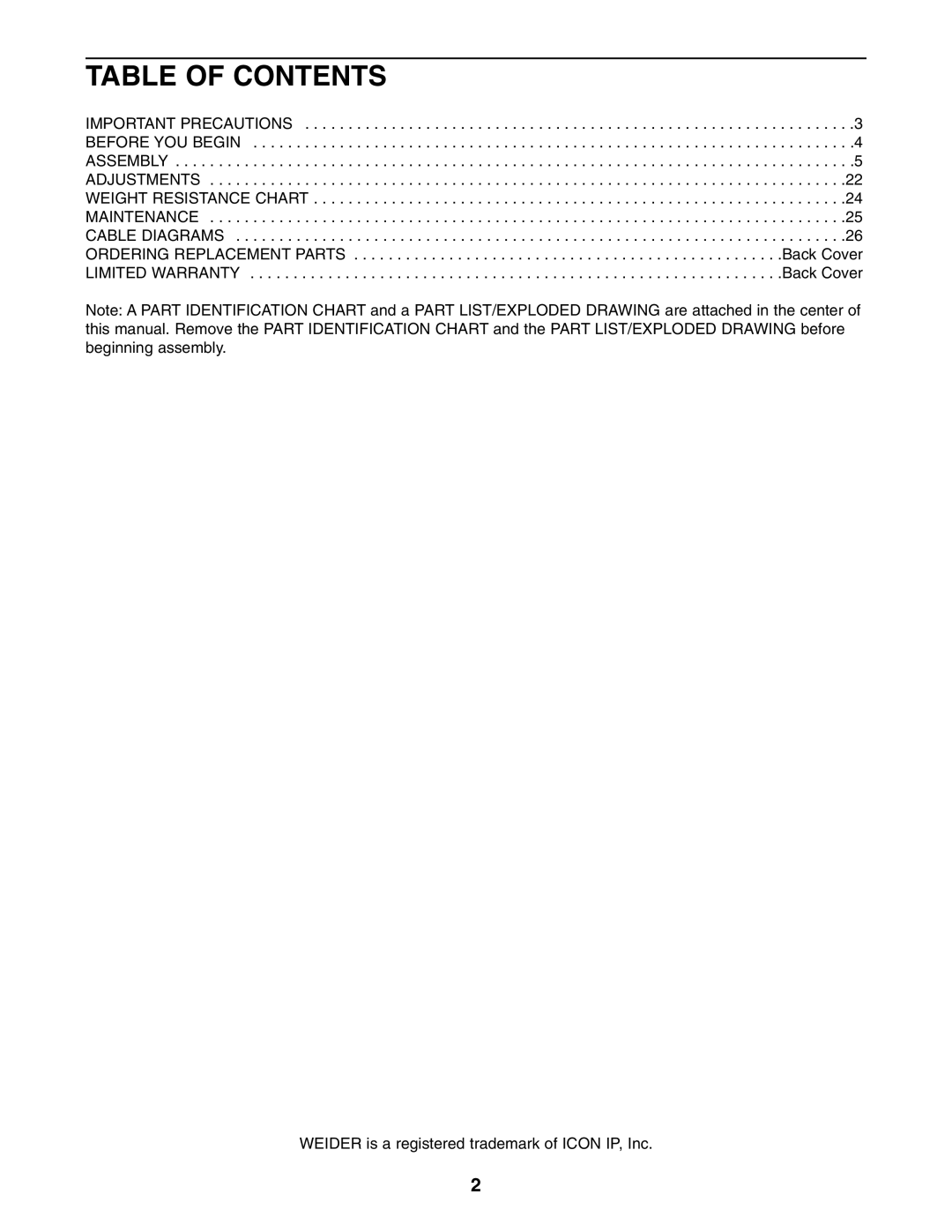 Weider WESY26331 user manual Table of Contents 