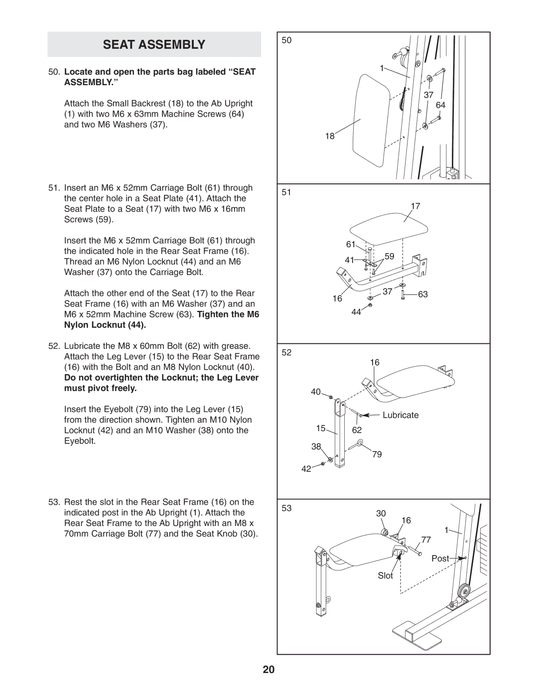 Weider WESY26331 user manual Locate and open the parts bag labeled Seat Assembly, Nylon Locknut 