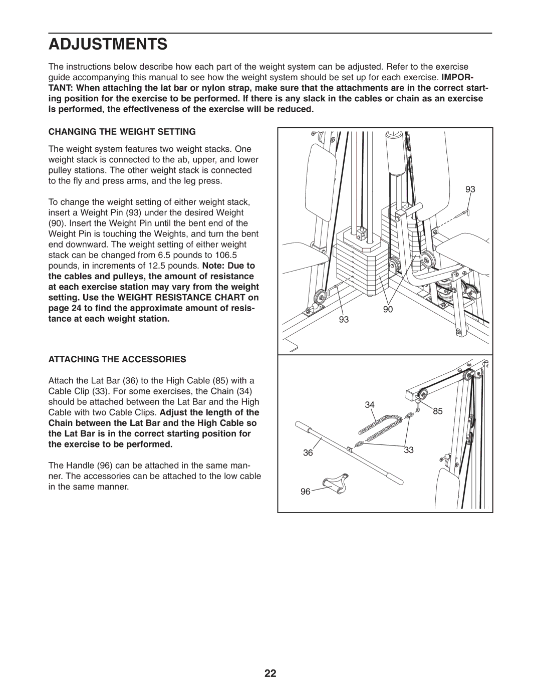 Weider WESY26331 user manual Adjustments, Changing the Weight Setting, Attaching the Accessories 