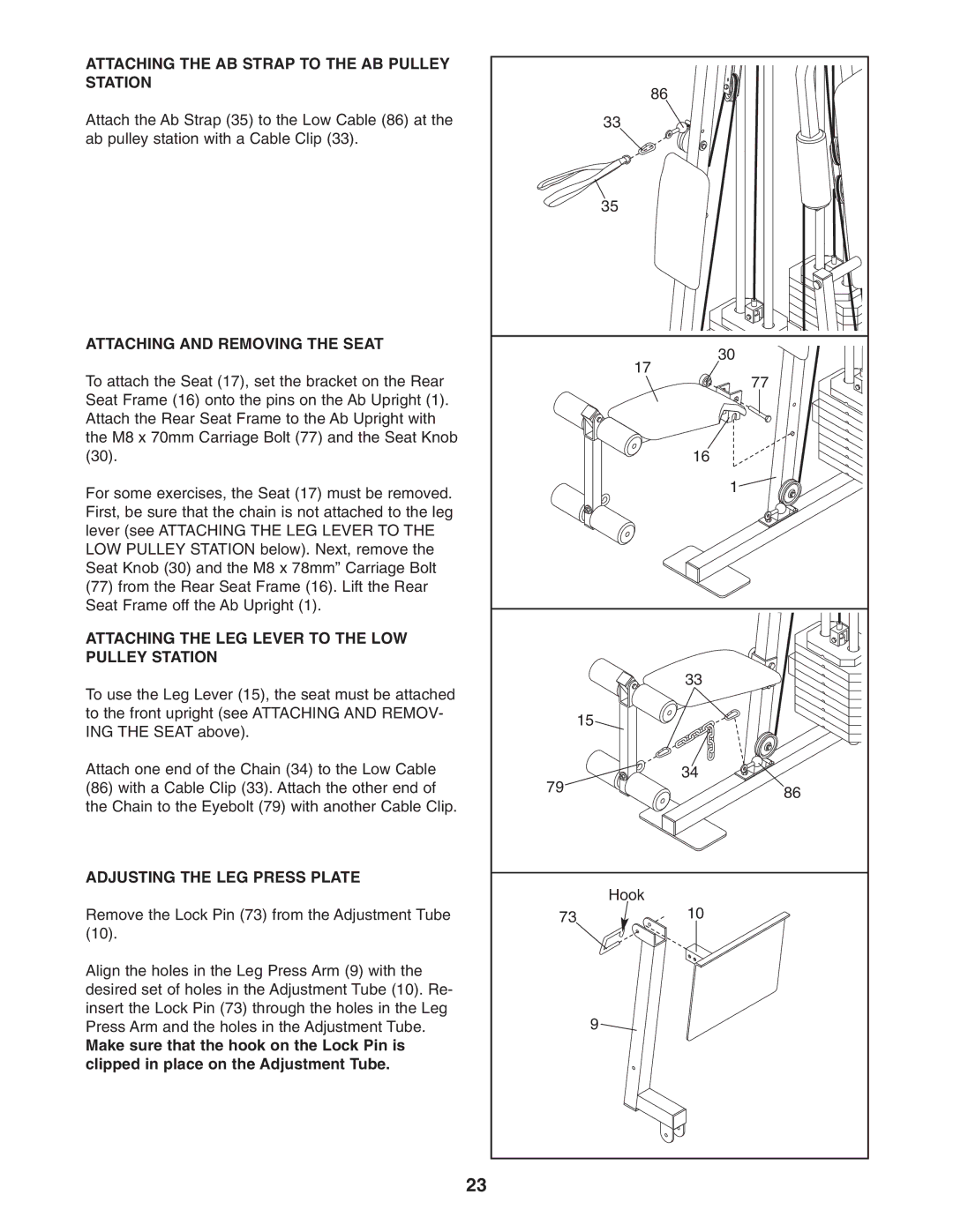 Weider WESY26331 user manual Attaching the AB Strap to the AB Pulley Station, Attaching and Removing the Seat 