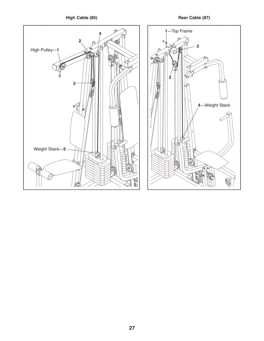 Weider WESY26331 user manual High Cable High Pulley-1 Weight Stack-5 Rear Cable Top Frame 