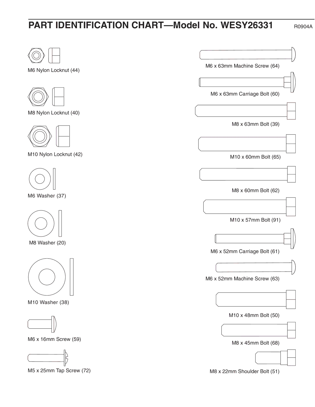 Weider user manual Part Identification CHART-Model No. WESY26331, R0904A 