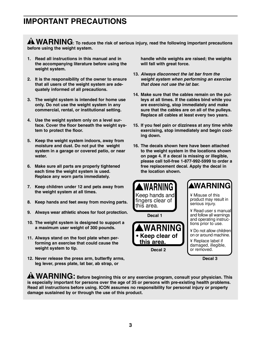 Weider WESY26331 user manual Important Precautions 