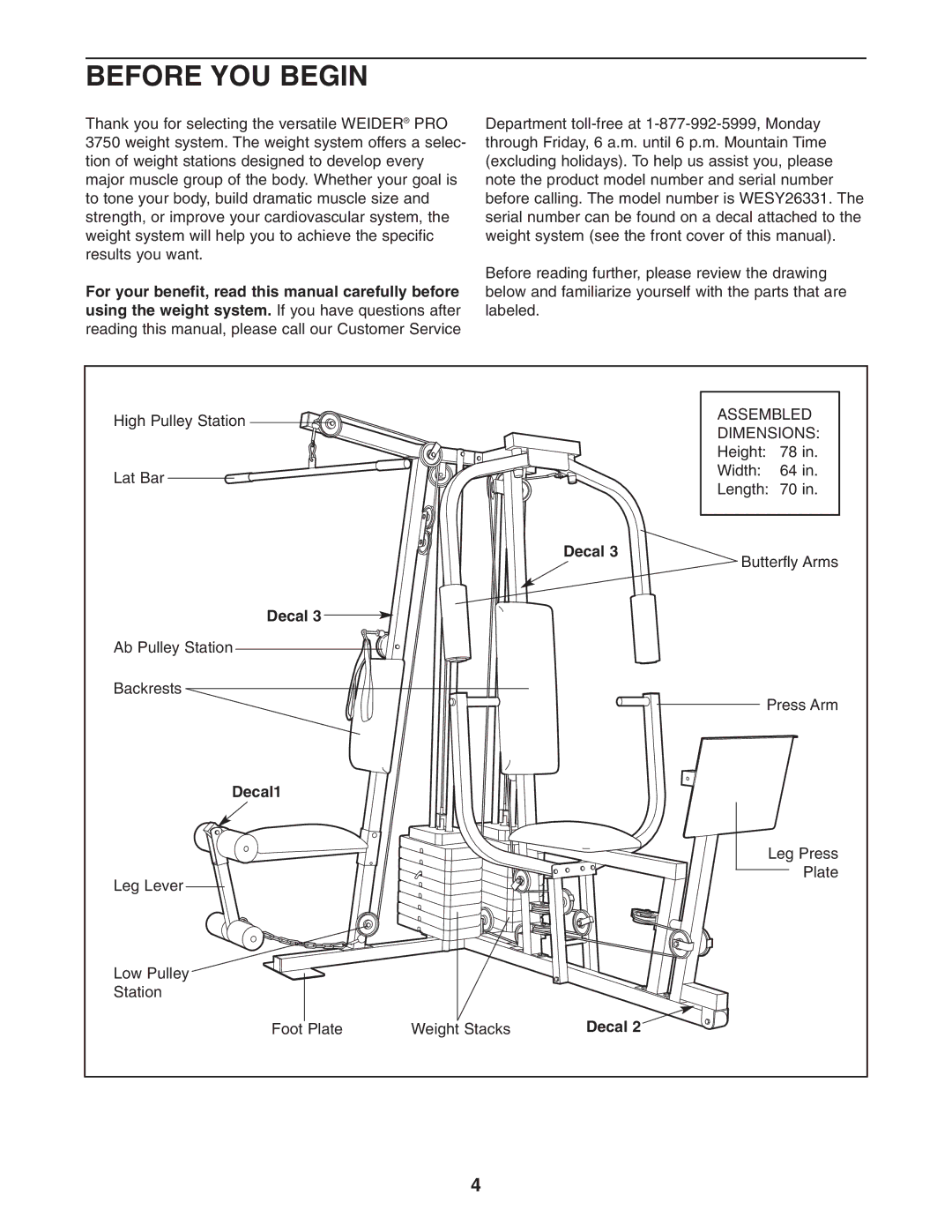 Weider WESY26331 user manual Before YOU Begin, Decal1 