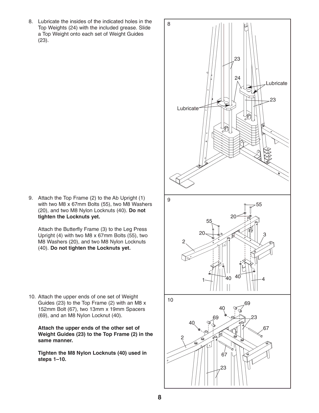 Weider WESY26331 user manual Tighten the Locknuts yet 