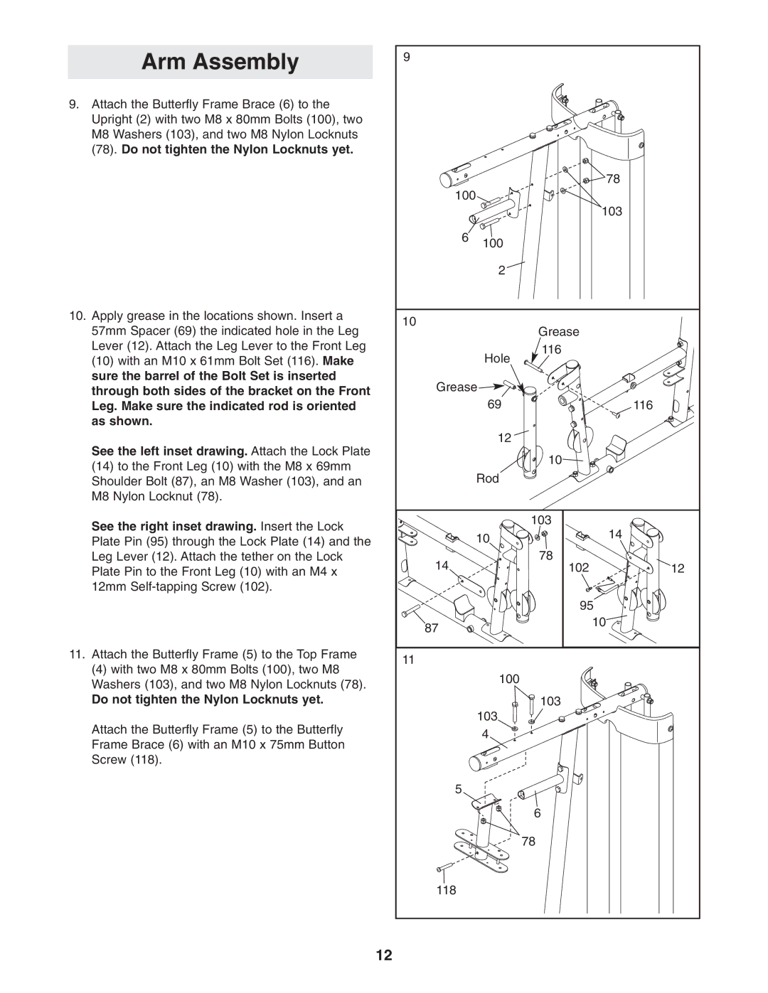 Weider WESY2916.0 Arm Assembly, See the left inset drawing. Attach the Lock Plate, Do not tighten the Nylon Locknuts yet 