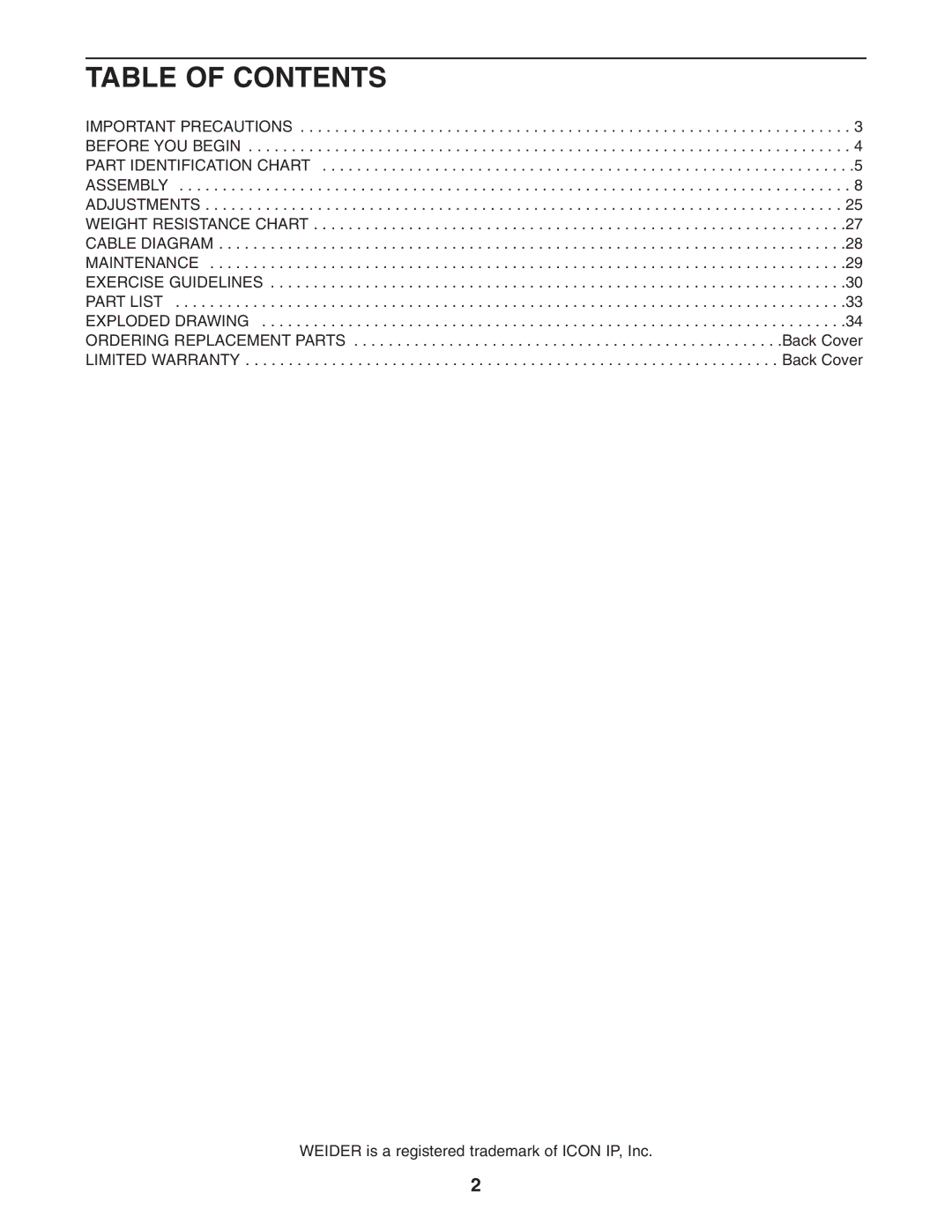 Weider WESY2916.0 user manual Table of Contents 