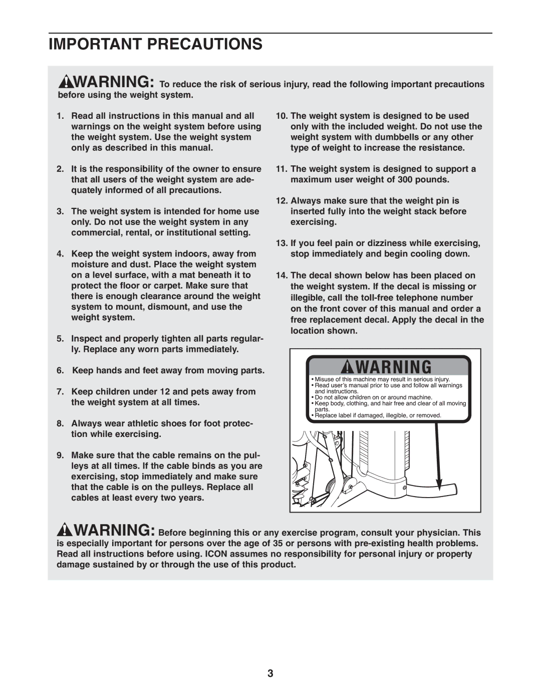 Weider WESY2916.0 user manual Important Precautions 