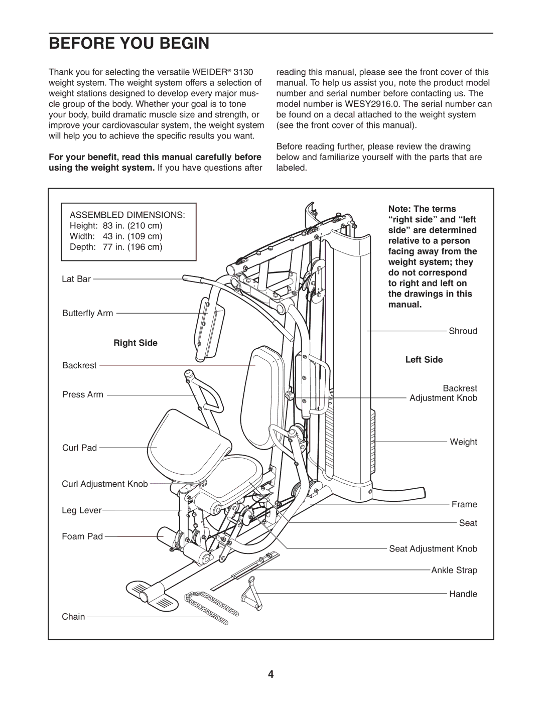 Weider WESY2916.0 user manual Before YOU Begin, Right Side, Left Side 